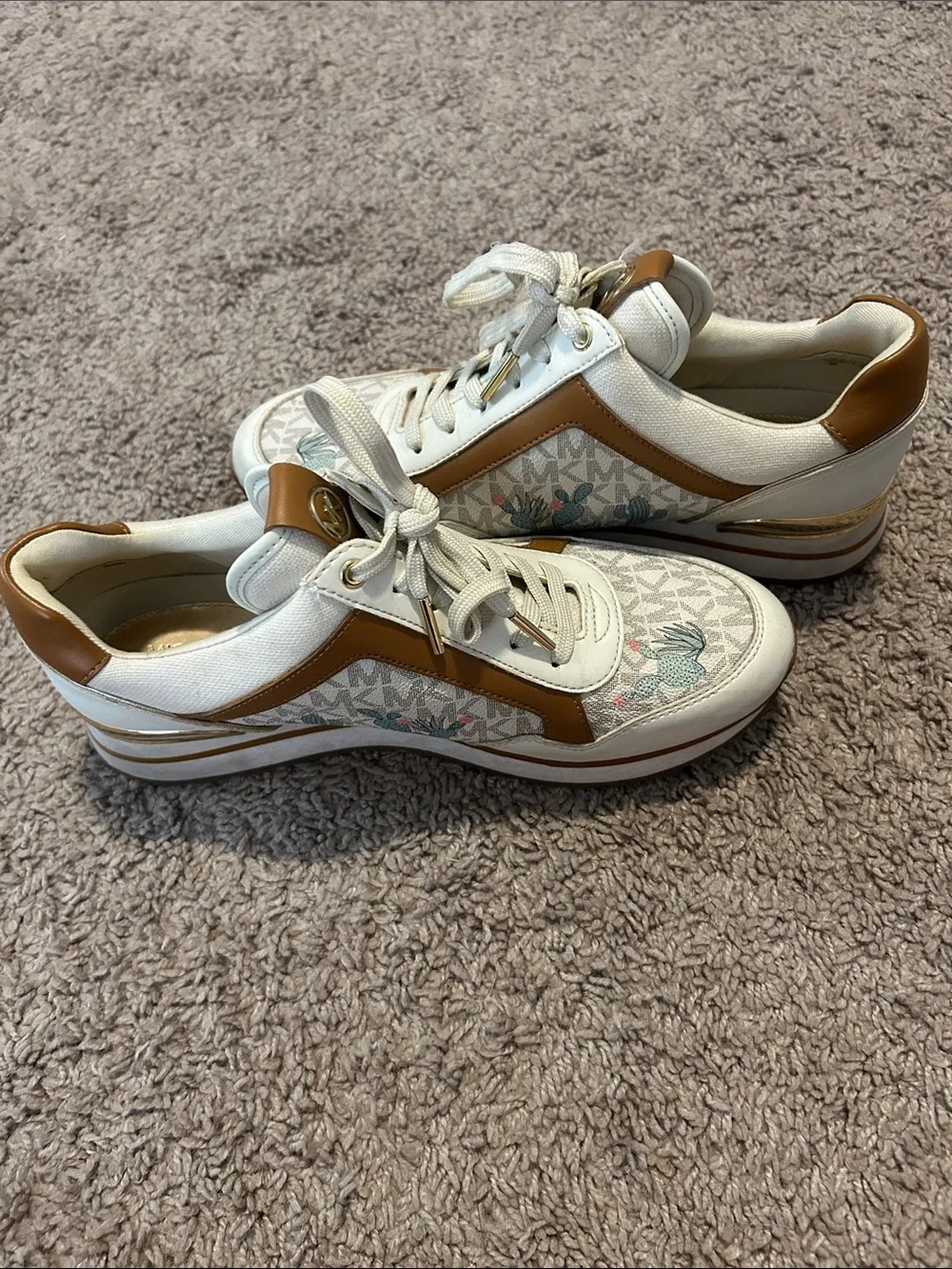 Michael Kors Cream & Brown Logo Sneakers with Floral Accents